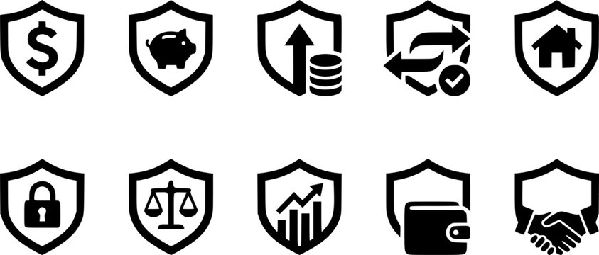 Financial security icons including shield, dollar, piggy bank, and handshake on white background