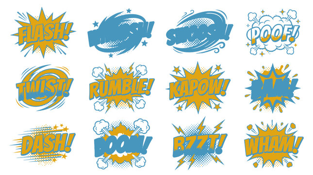 Stylized comic sound effect icons for dynamic graphic design.