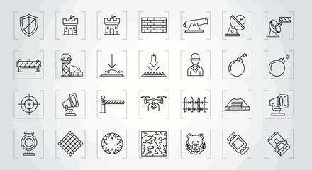 Security and Defense Icons: Surveillance, Warfare, and Protection Symbols © Wahyu