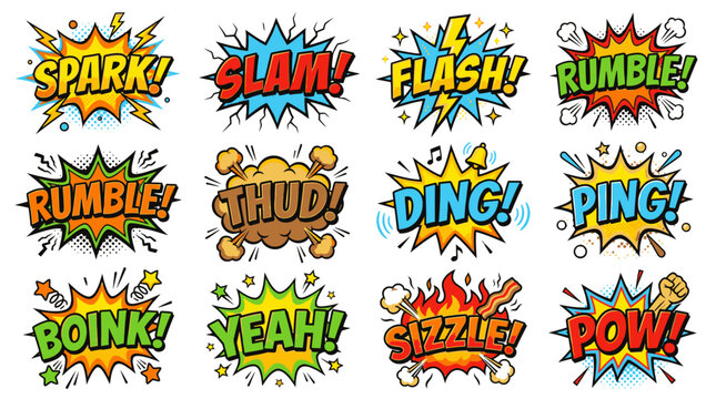 Playful comic style sound stickers with spark and yeah.
