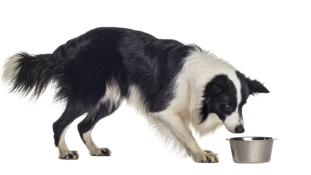 Black and white Border Collie dog sniffing metal bowl
