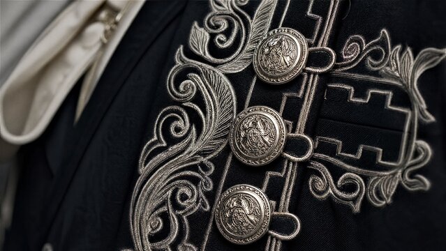 Close-up of intricate silver embroidery and buttons on a traditional suit jacket.