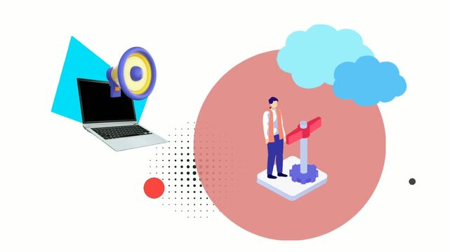 Laptop and megaphone symbolize digital marketing tools