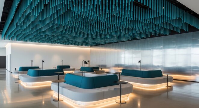 Contemporary lobby interior with unique teal ceiling design, minimalist seating, and ambient lighting in a modern public space.