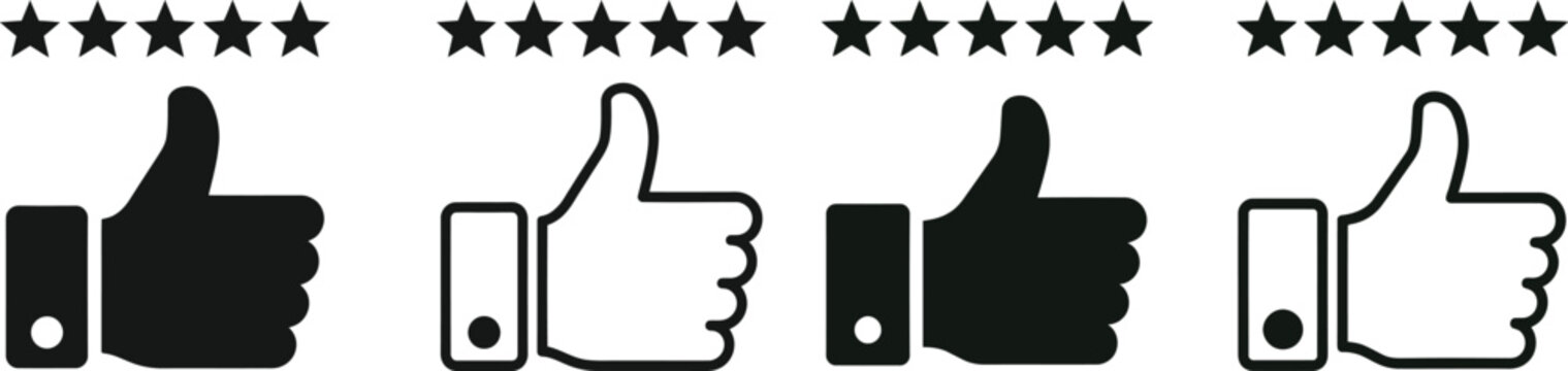 Five star ratings with thumb up hand icons set feedback customer satisfaction approval positive
