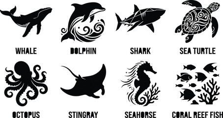 Marine Life Silhouette Collection Featuring Whale Dolphin Shark Sea Turtle Octopus Stingray Seahorse and Reef Fish © MstRumana