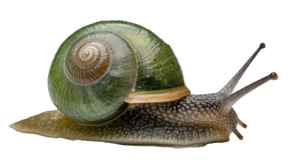 Green shelled garden snail crawling on white © Eva