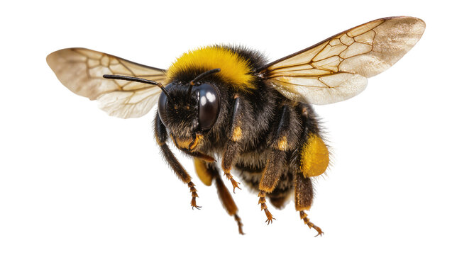 Bumblebee with yellow stripes and fuzzy body in flight