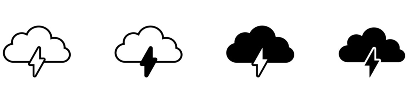 Thunderstorm weather vector icon set. Lightning strike illustration sign collection. Storm warning symbol. electric discharge station logo.