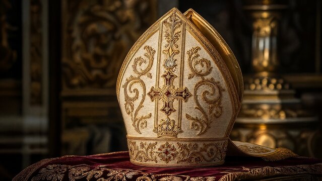 A tall ceremonial bishop's mitre with intricate gold embroidery rests on a rich velvet cloth.