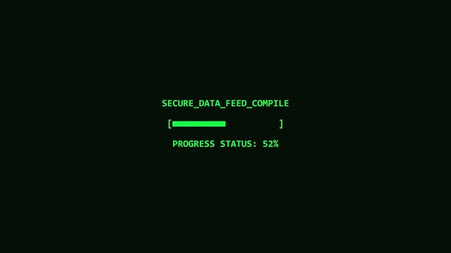 Retro Green Terminal Computer Interface Showing Progress Bar for Secure Data Feed Compile on Black Background