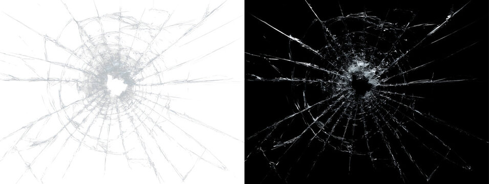 Fractured windscreen with impact damage and sharp cracks