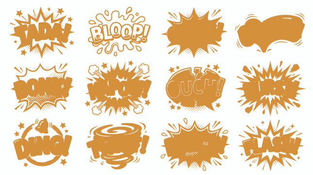 Tan monochrome comic sound effects and speech bubbles set.