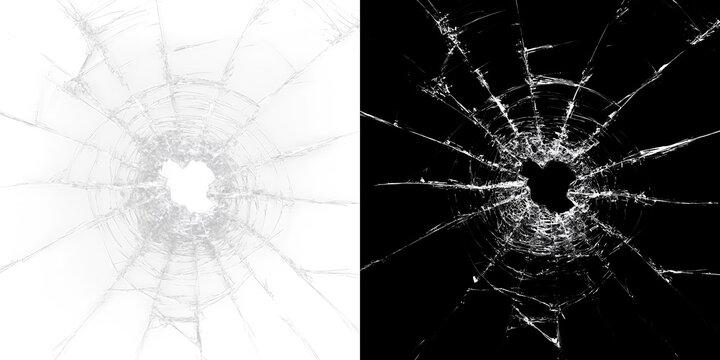 Broken cracked glass closeup with destruction impact detail creating abstract damaged surface with bullet hole and dark dramatic background composition