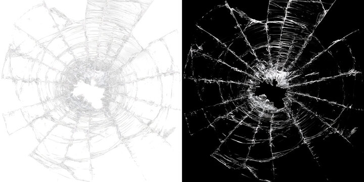 Closeup broken glass with bullet impact and dark background showing shattered texture with detailed fracture lines and destruction concept