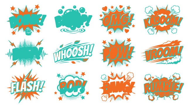 Teal and orange abstract comic bursts and action words.