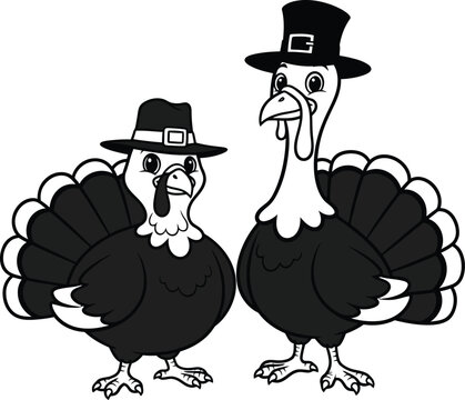 Two cartoon turkeys wearing pilgrim hats black and white illustration