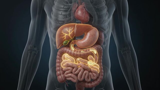 Human digestive system animation highlighting stomach and guts