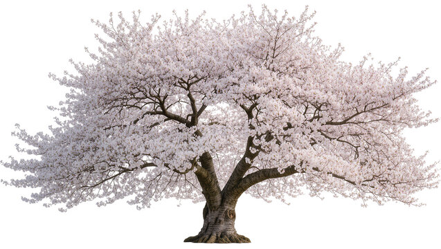 Mature cherry blossom tree with dense white flowers and thick trunk