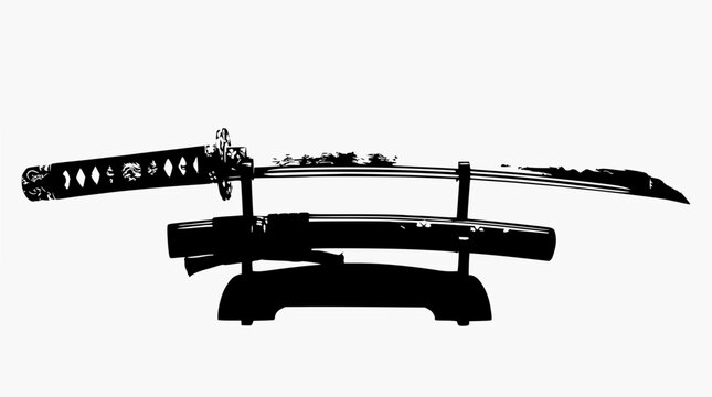 Silhouette of Japanese katana sword on a stand, traditional weapon, samurai art