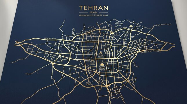 Opened ingredientElegant minimalist street map of Tehran, Iran, featuring metallic gold foil line art network of roads and landmarks on a dark navy blue background.
