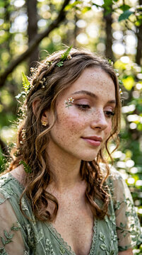 Portrait of daydreaming freckled young woman with natural floral makeup and braided hairstyle with wildflower crown posing in enchanted green forest