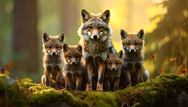Coyote mother and her four young cubs pose on a mossy log in a forest setting