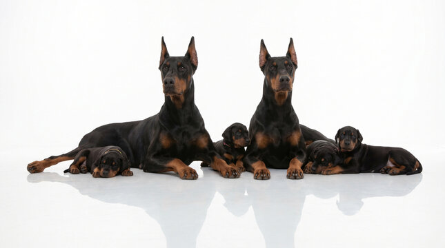 Schwarzer und brauner Dobermann liegen nebeneinander vor hellem Hintergrund