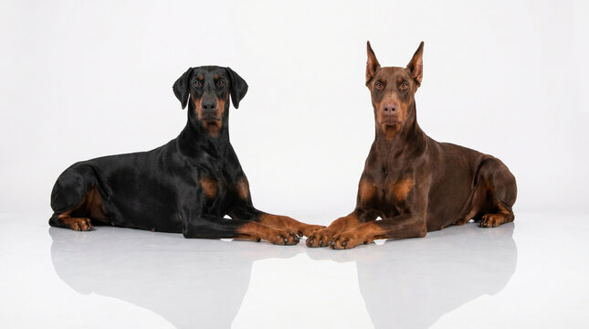 Schwarzer und brauner Dobermann liegen symmetrisch nebeneinander auf hellem Hintergrund