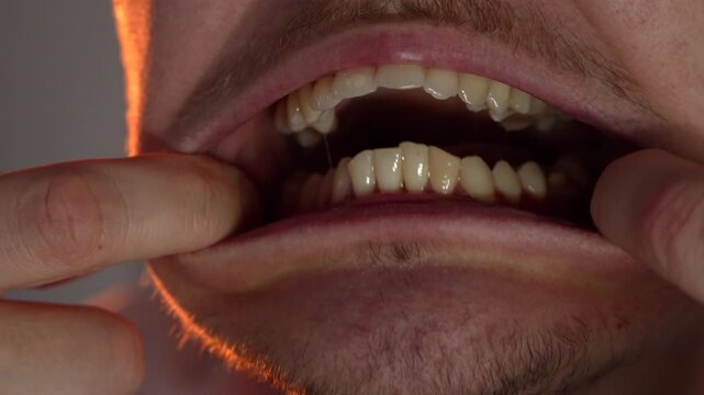 Uneven jaw bite.
Dental problems.
A man shows his jaw, clenches it, and demonstrates a deviation and problem with his teeth.