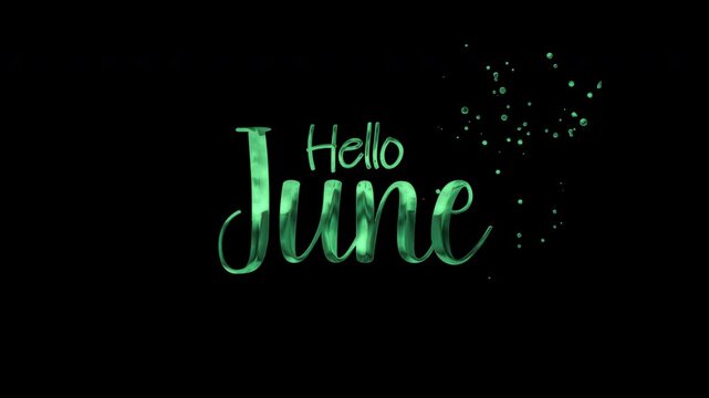 Green glittery hello june text graphic with shiny sparkles on black background, perfect for holiday greetings and seasonal designs.