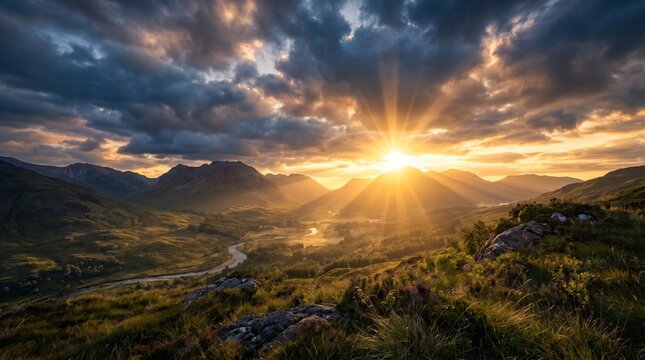 Dramatic golden sunrise breaking through dark clouds over a beautiful mountain valley with a winding river. Epic majestic highland landscape photography concept.