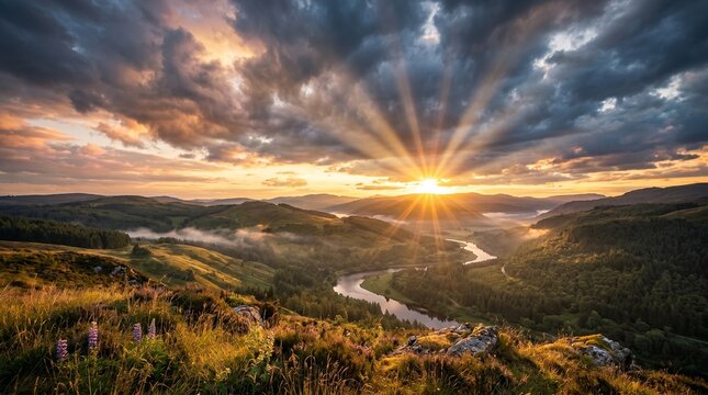 Dramatic golden sunrise breaking through dark clouds over a beautiful mountain valley with a winding river. Epic majestic highland landscape photography concept.
