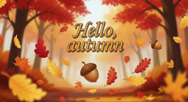 Warm autumn forest path with falling leaves and acorns