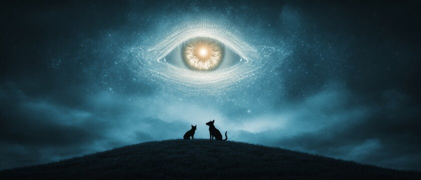 Mystical graphic eye overwatching cats and dogs in an enigmatic landscape at twilight
