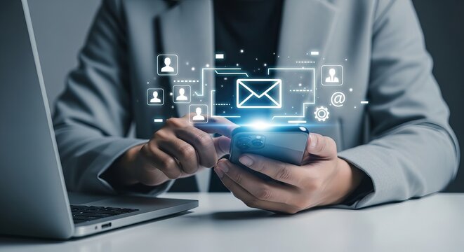 Business professional using smartphone for email communication and networking