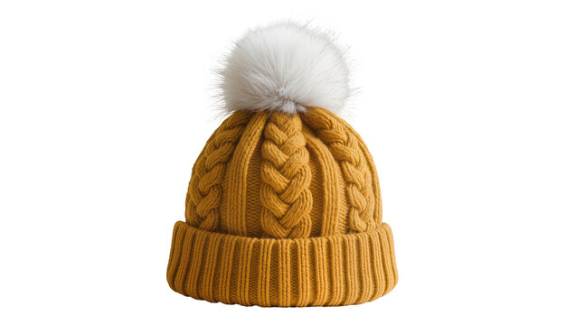 Mustard yellow knitted beanie with white pom pom