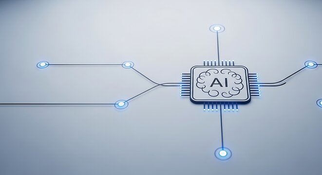 Artificial intelligence processor chip with a brain-like and glowing data pathways on a clean light grey background, for tech presentations