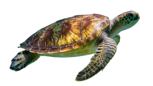 Green sea turtle swimming with patterned shell and flippers