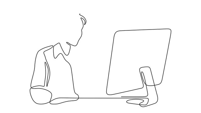 Continuous One Line Customer Support Woman with Headset at Computer