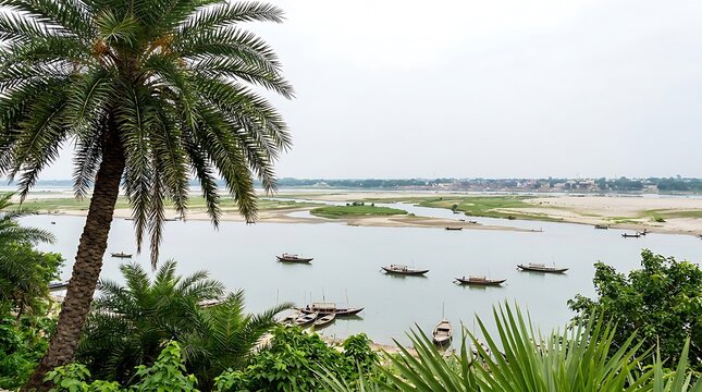 Scenic view of the ganges river with traditional wooden boats and lush palm trees along the riverbank in india