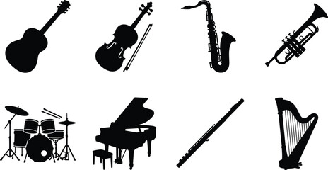 Musical Instrument Silhouette Collection Featuring Guitar Violin Saxophone Trumpet Piano Drum Flute and Harp © Millat