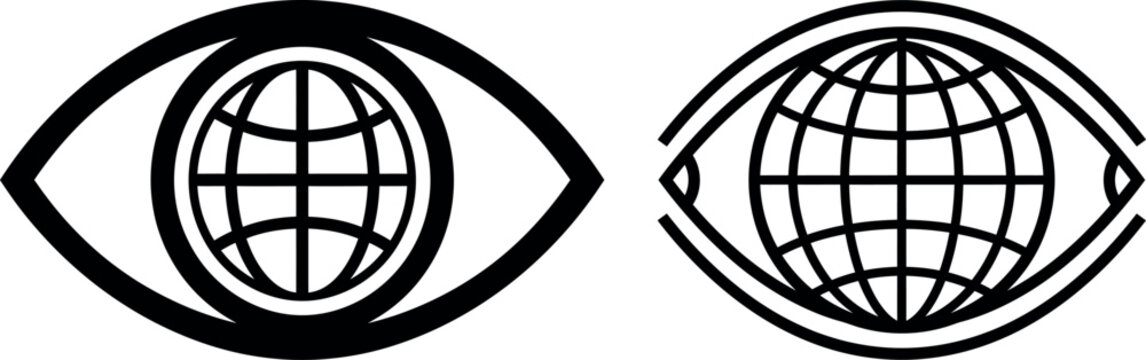 Abstract global vision icons featuring stylized eyes containing world map globes abstract security