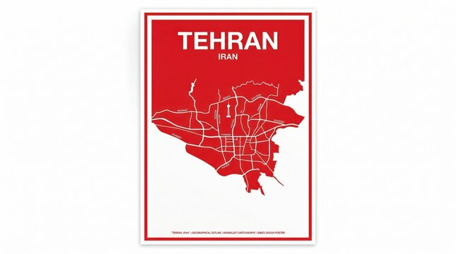 Opened ingredientHigh-contrast minimalist street map poster of Tehran, Iran, featuring a bold red and white color scheme with a clean urban road network design.