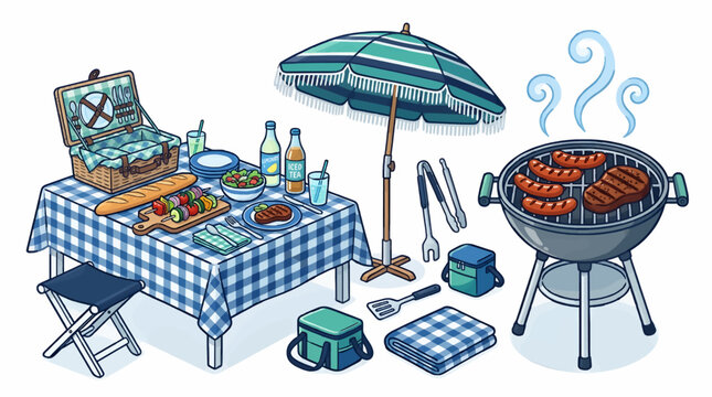 Isometric Cartoon Picnic Scene with Barbecue Grill, Food, Drinks, and Picnic Basket, Blue Gingham Tablecloth, Outdoor Summer Celebration