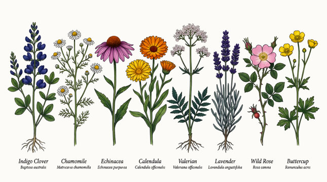 Collection of Medicinal Wild Flowers and Herbs with Roots, Including Indigo Clover, Chamomile, Echinacea, Calendula, Valerian, Lavender, Wild Rose and Buttercup, Flat Illustration