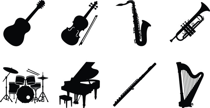Musical Instruments Silhouette Collection Set with String Wind Percussion and Keyboard Vector Icons