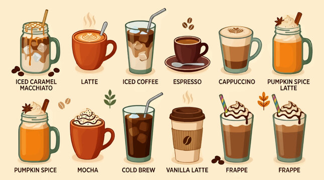Flat Design Illustration of Assorted Coffee Drinks, Including Latte, Espresso, Frappe, and Pumpkin Spice, with Labels