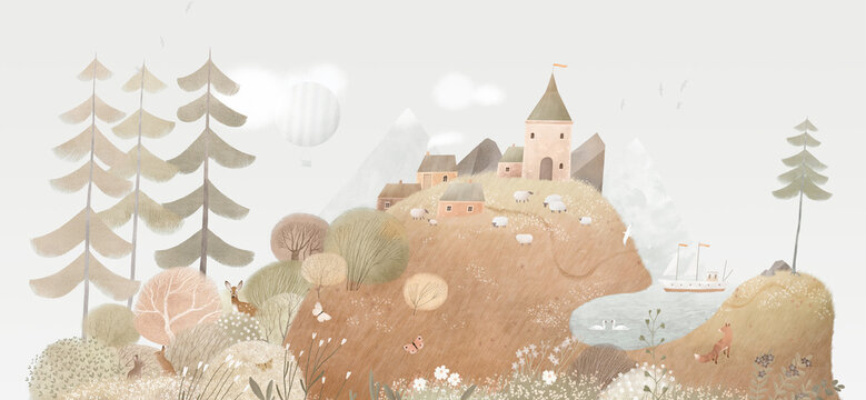 Nice landscape, hills, lake, village houses, castle. Watercolor illustration. Cute landscape for a child's room. Hand drawn illustration. Wall nursery art.