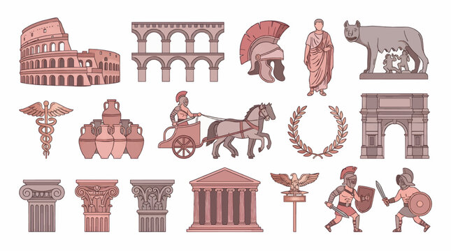 Flat Vector Illustration of Ancient Roman Icons: Colosseum, Aqueduct, Helmet, Toga Man, Romulus and Remus, Caduceus, Amphorae, Chariot, Laurel Wreath, Arch, Columns, Temple, Eagle Symbol, Gladiators